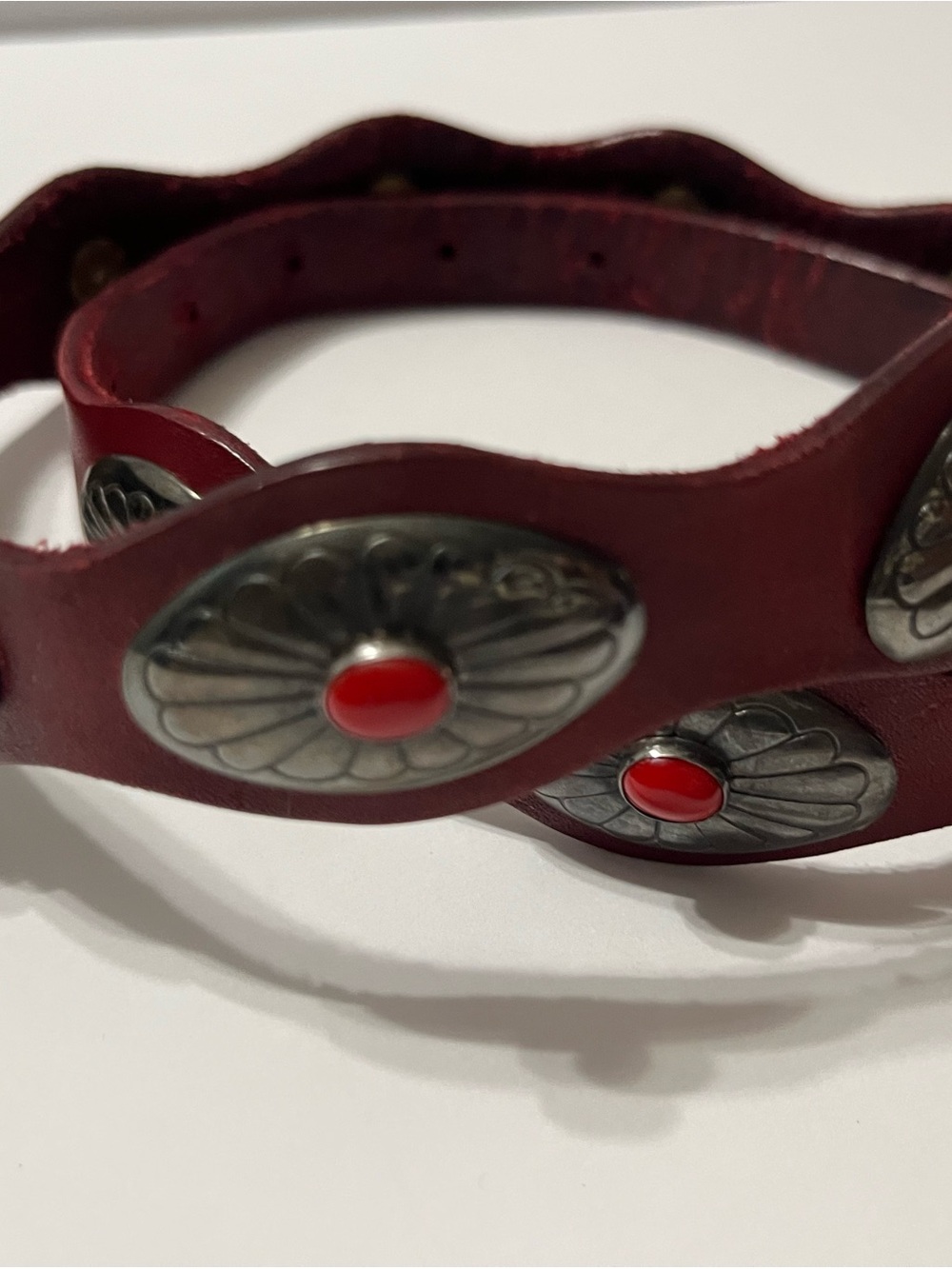 Red Leather Western Concho Belt-with Red and diver plated Stone Accents